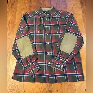 WILLIS & GEIGER Men Flannel Plaid Work Shirt Leather Elbow  Patches Size Large